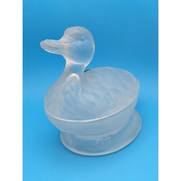 French Portieux Vallerysthal Frosted Duck Trinket Glass Dish 2 Pc. VTG Rare Mint - Picture 1 of 12